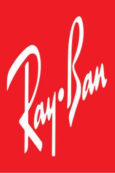 لوگوی برند Ray-Ban با پسزمینه قرمز و نوشته دستنویس مشکی